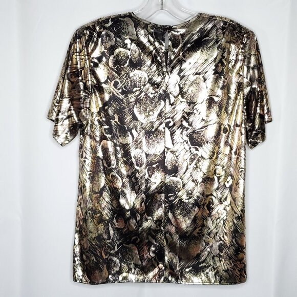 Retro 1980s Abstract Metallic Blouse Top S Gold Black Pink Shiny Party Glam - Picture 3 of 5